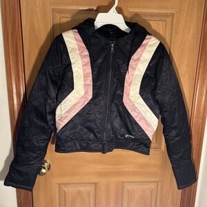 Vintage Guess Puffer Coat Detachable Hood Black Pink Cream Color Block Size M